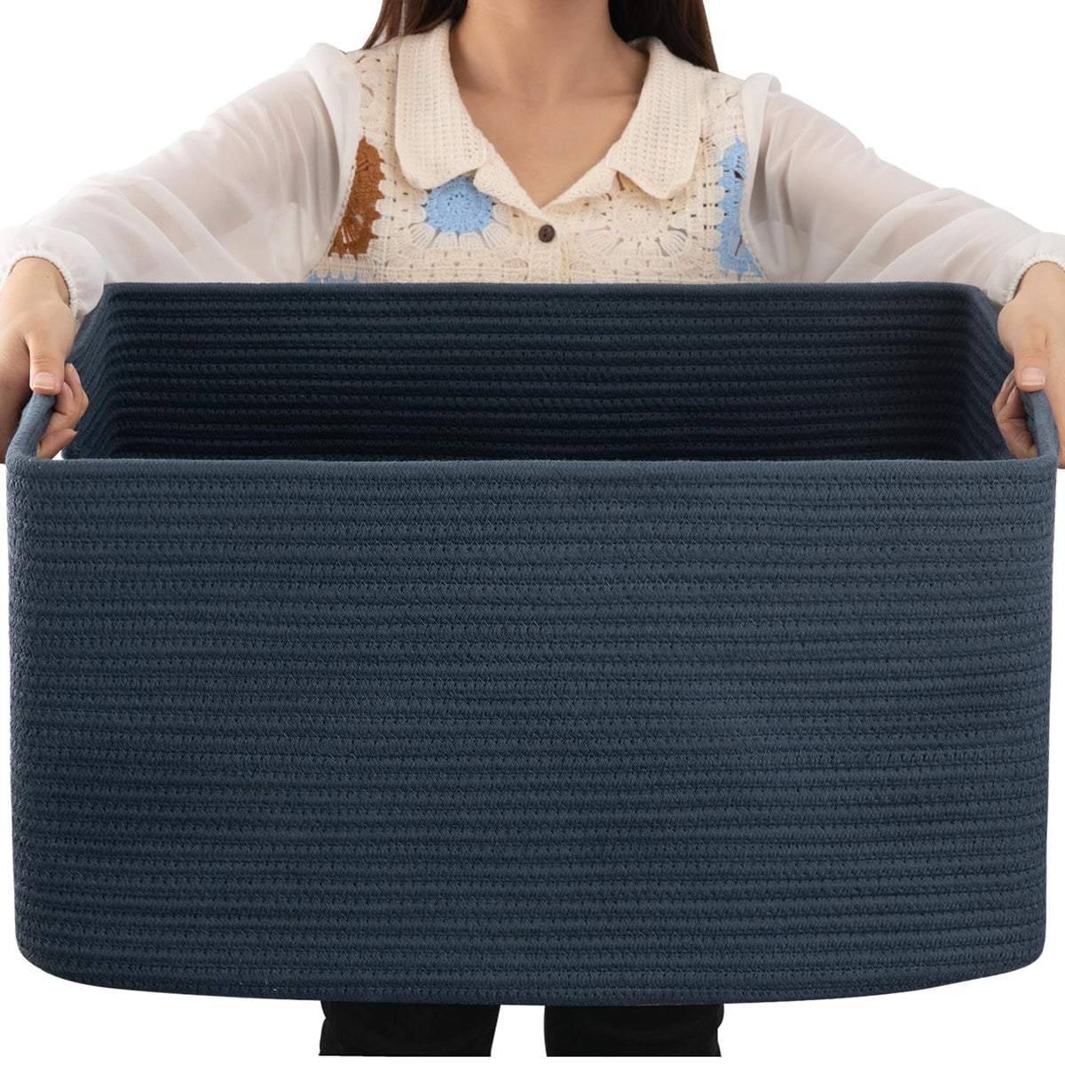 OIAHOMY 75L blanket basket blue showcasing ample storage for blankets.