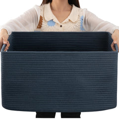 OIAHOMY 75L blanket basket blue showcasing ample storage for blankets.