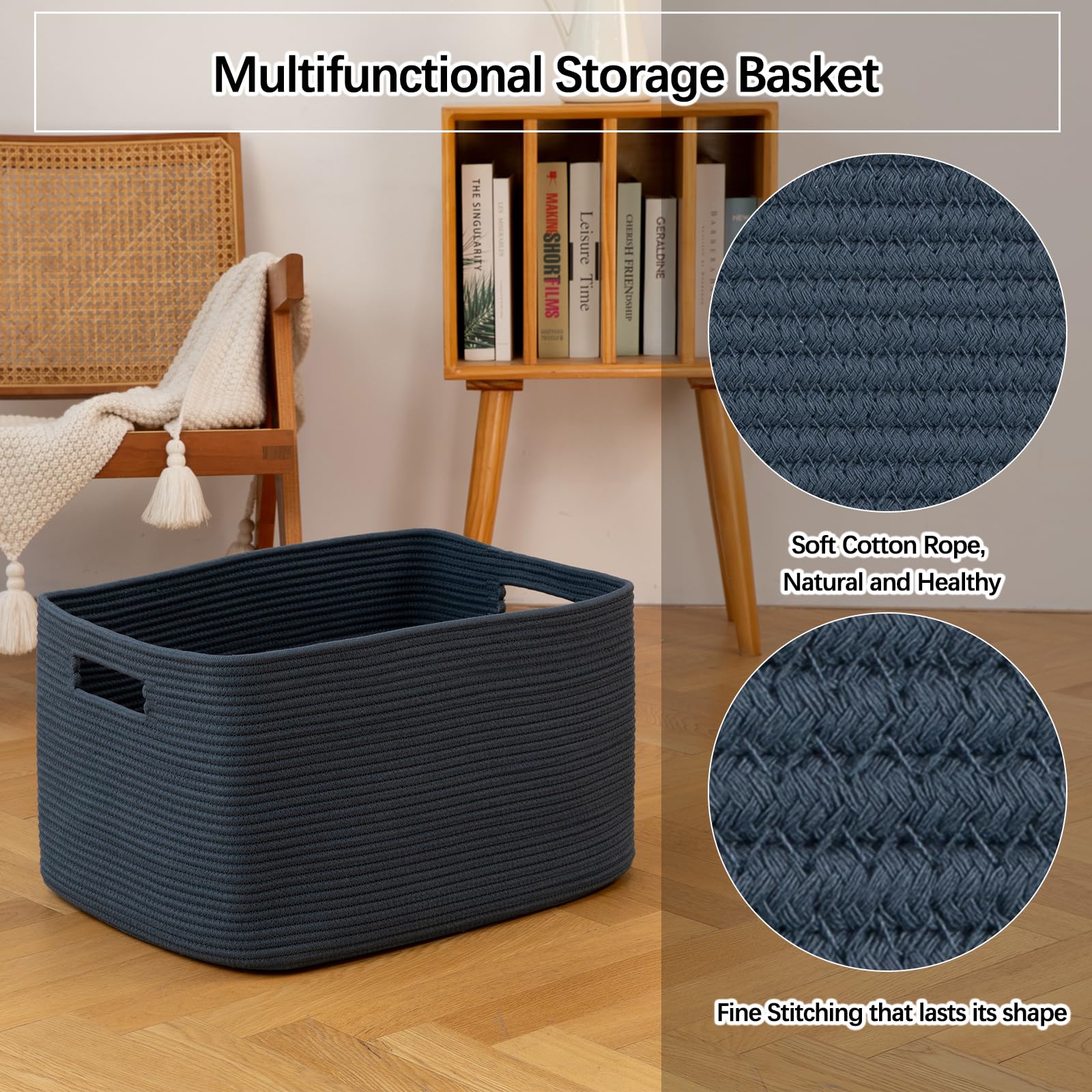 OIAHOMY 75L blanket basket cotton rope material emphasizing safe chemical free design.