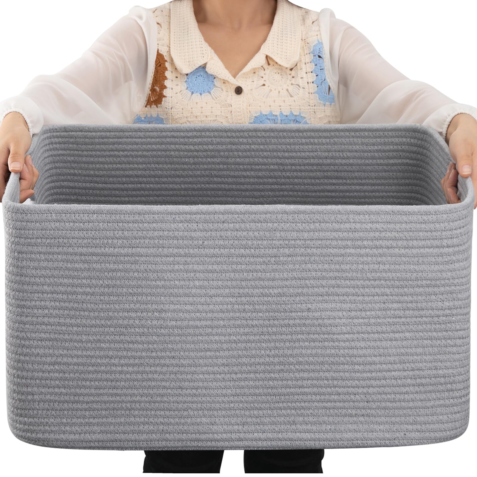 OIAHOMY 75L blanket basket front view emphasizes spacious storage and soft cotton rope