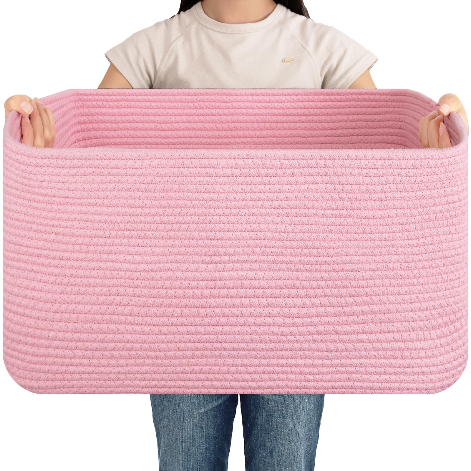 OIAHOMY 75L blanket basket front view showing spacious storage for blankets and toys.