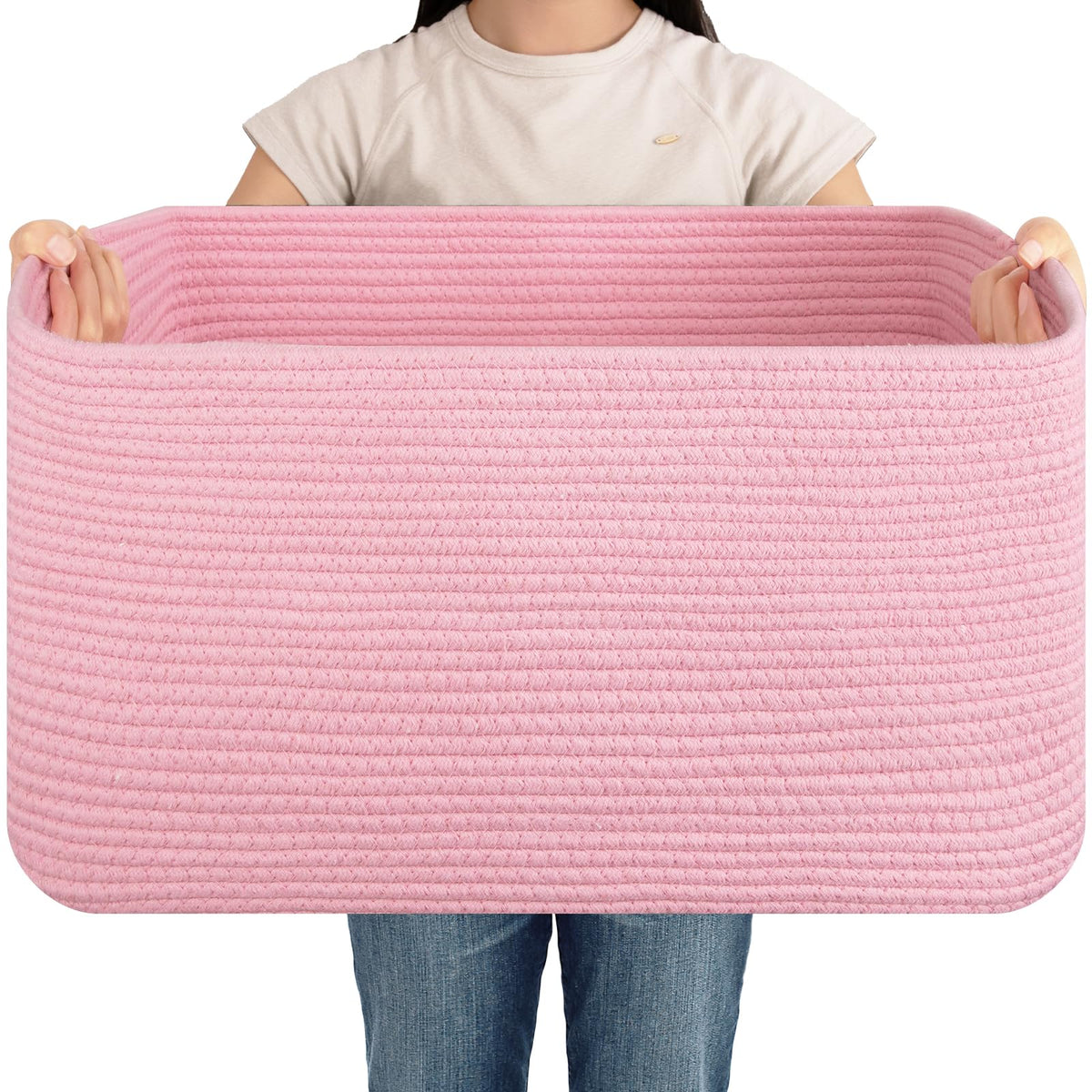 OIAHOMY 75L blanket basket front view showing spacious storage for blankets and toys.