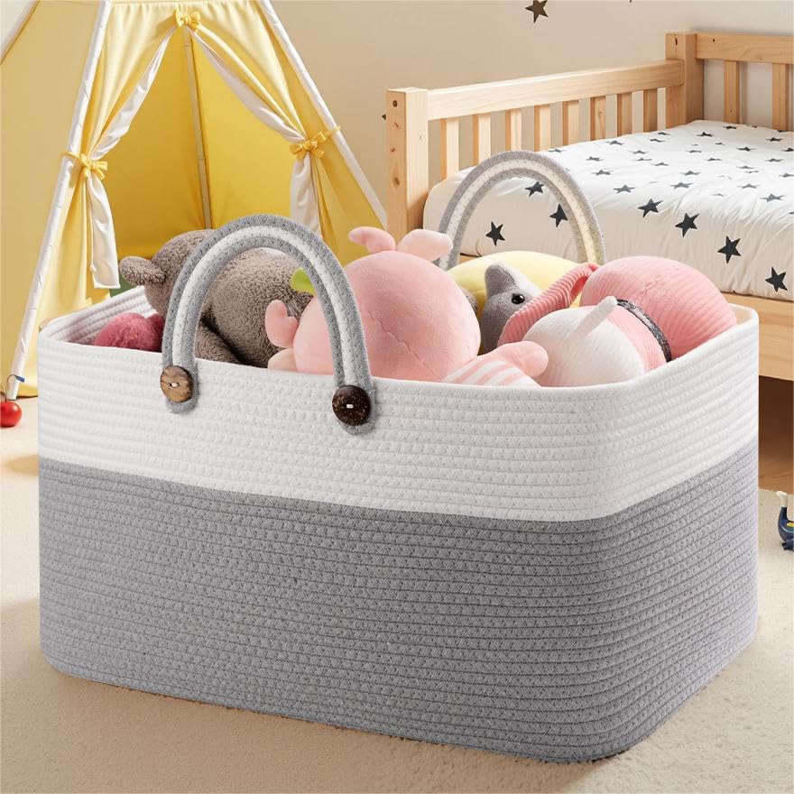 OIAHOMY 75L gradient grey blanket basket close-up shows durable cotton rope texture for safe storage.
