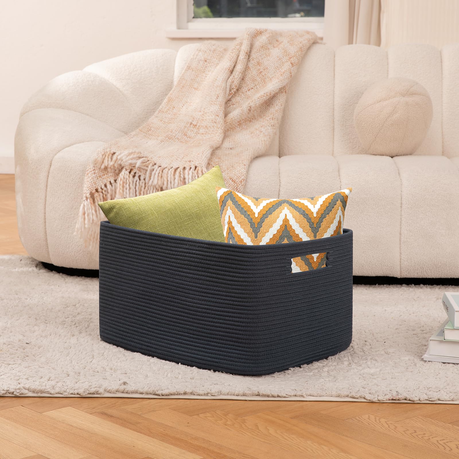 OIAHOMY 75L blanket basket handle closeup highlighting durable double stitched grips.