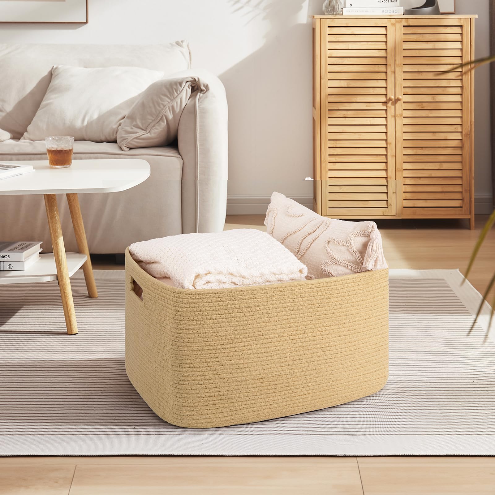OIAHOMY 75L blanket basket side view highlighting sturdy handles and shape