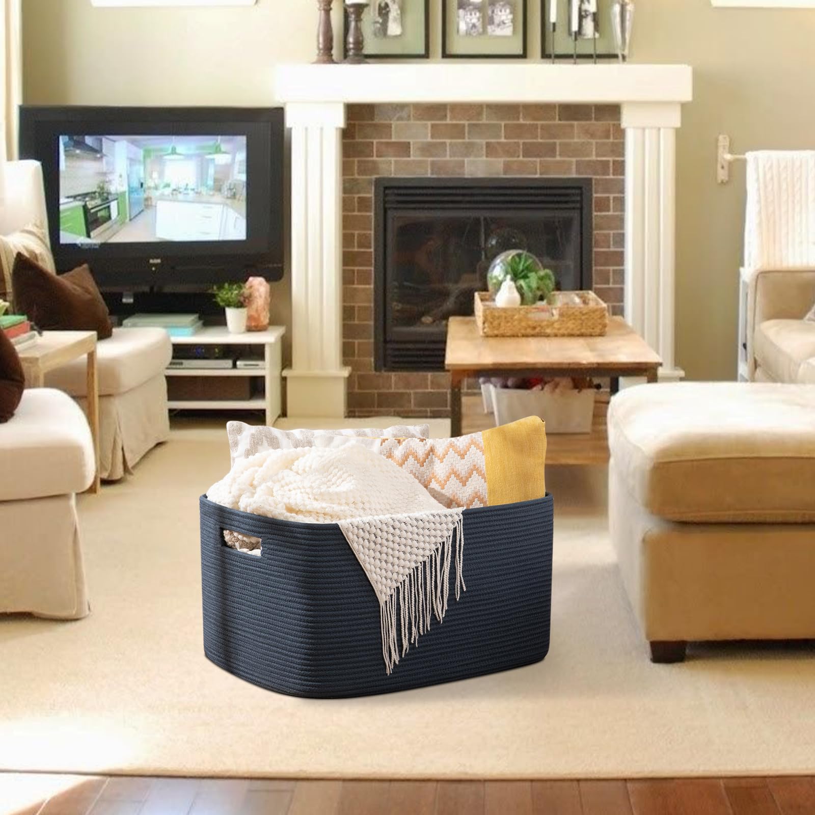 OIAHOMY 75L blanket basket size 22x17x12 fits closet shelves.