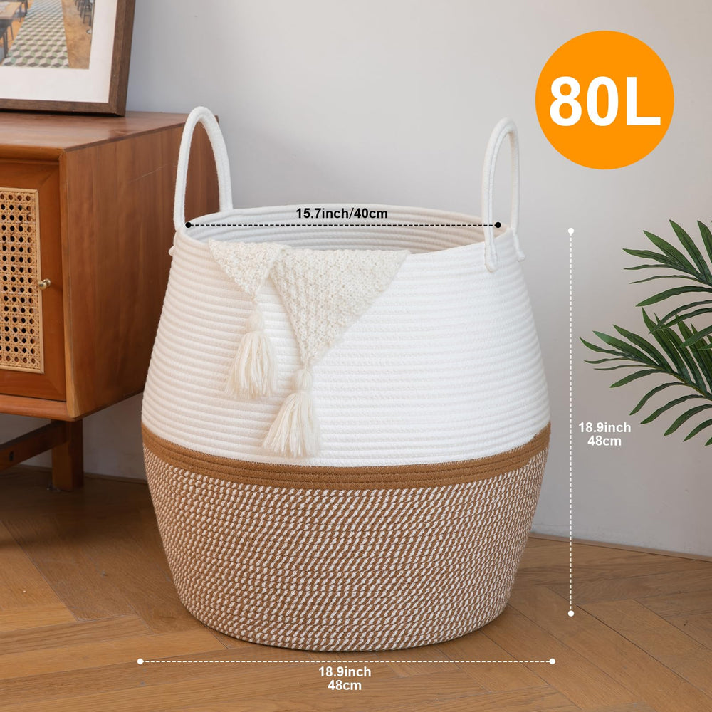 OIAHOMY blanket basket in living room promoting tidy, accessible storage.