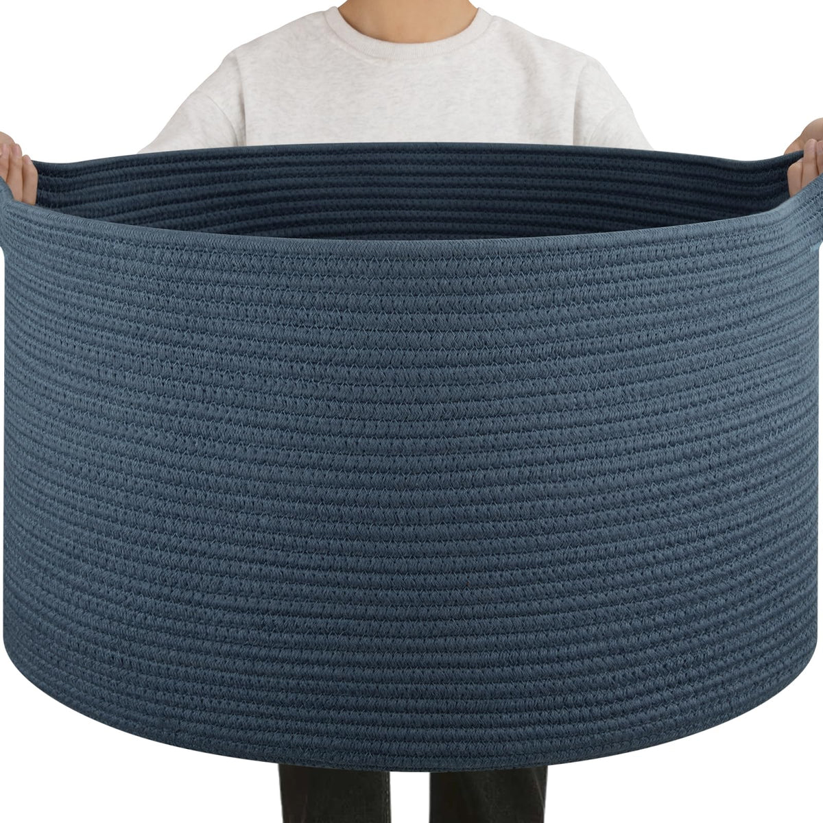 oiahomy 90l blanket basket blue side view showing sturdy rope weave and ample capacity