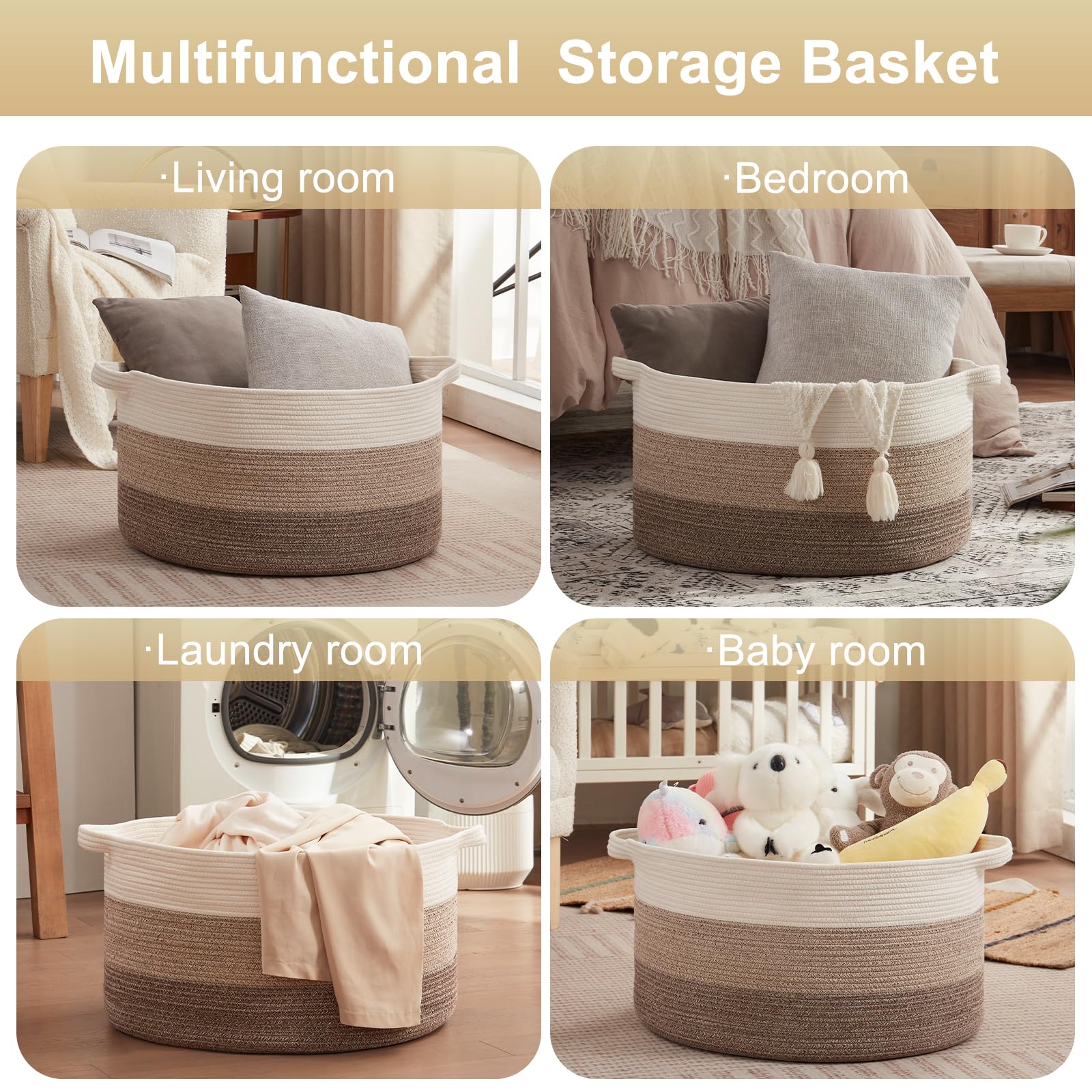 OIAHOMY foldable rope basket shows space-saving storage when not in use.