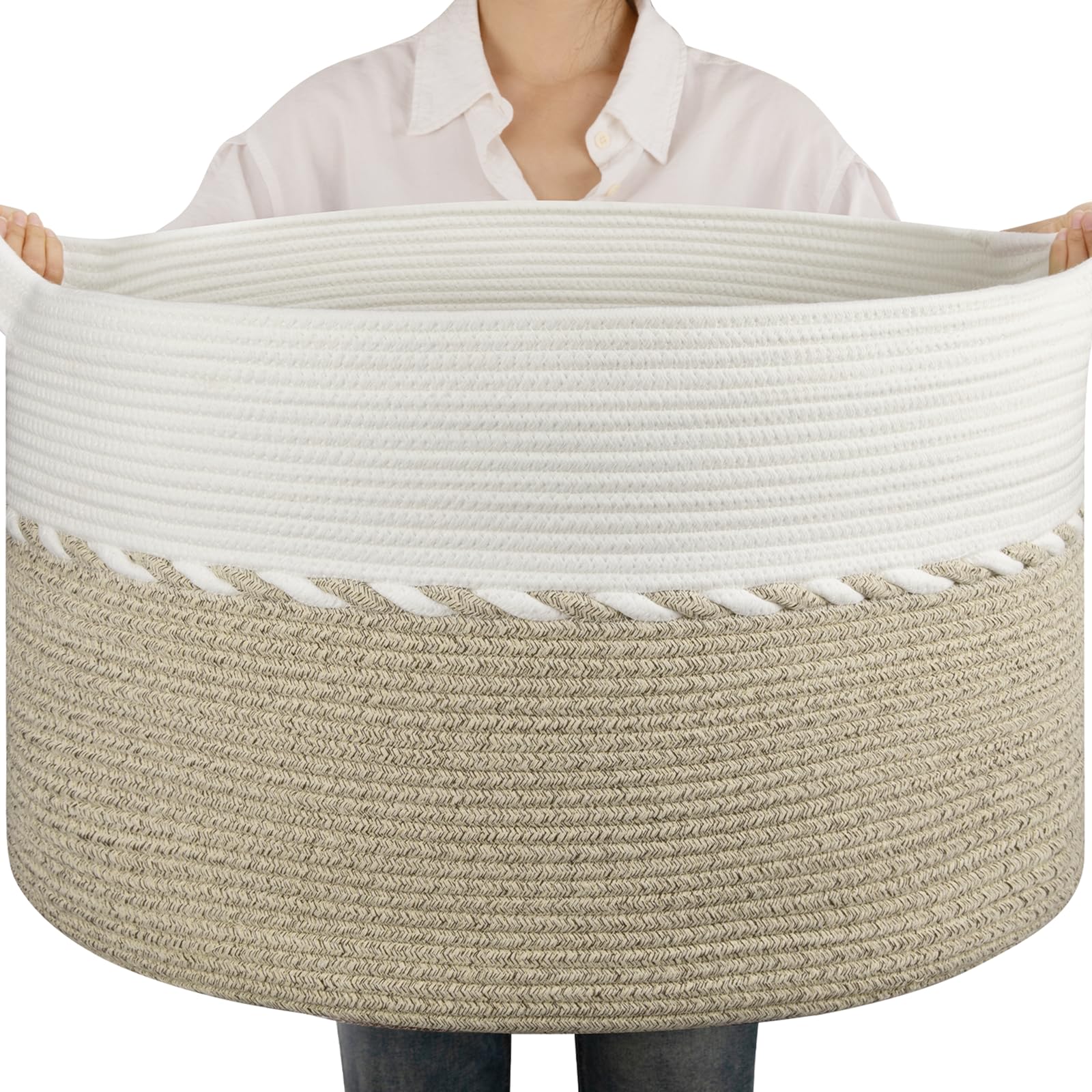 OIAHOMY 90L blanket basket in living room with sturdy handles for easy carrying