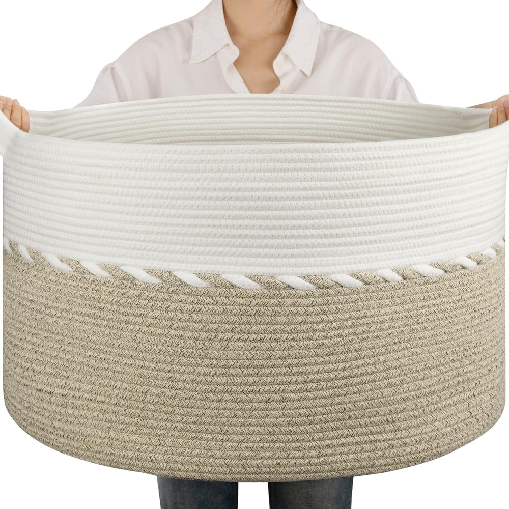 OIAHOMY 90L blanket basket in living room with sturdy handles for easy carrying
