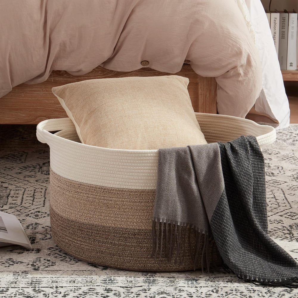 OIAHOMY blanket basket in living room demonstrates stylish storage for blankets and pillows.