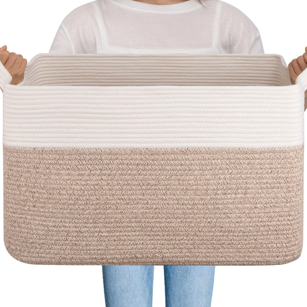OIAHOMY 95L blanket basket full view showing spacious storage in natural cotton rope