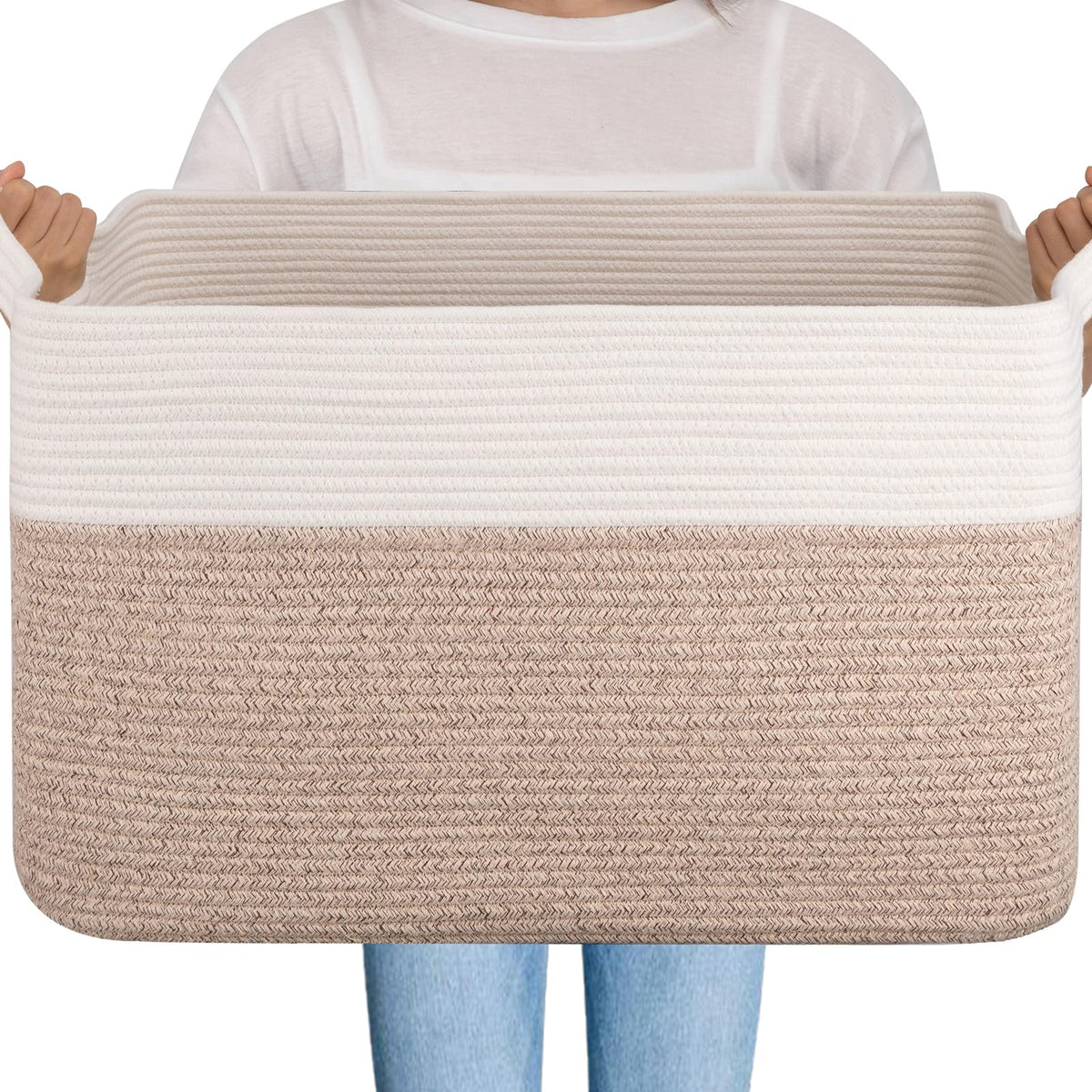 OIAHOMY 95L blanket basket full view showing spacious storage in natural cotton rope