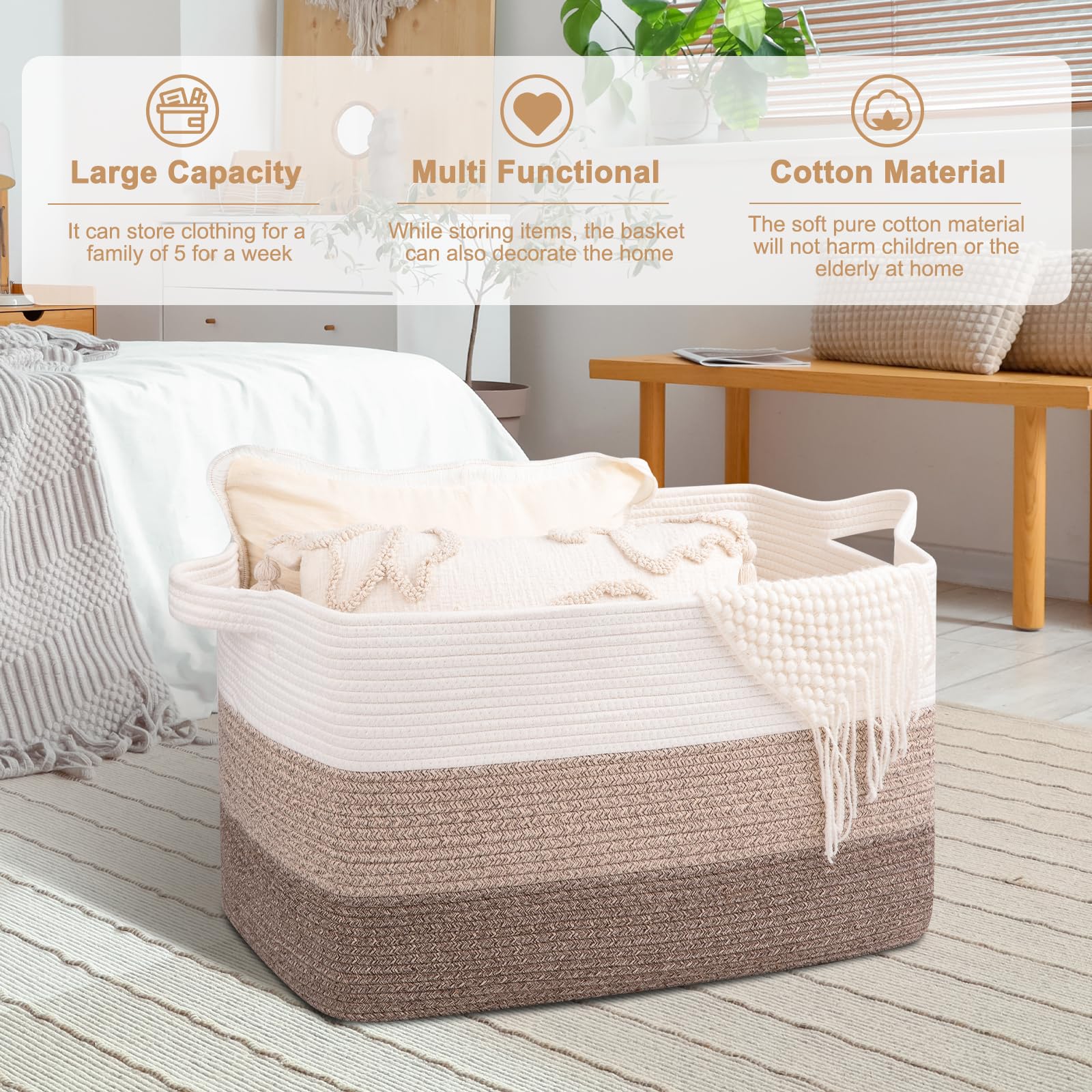 OIAHOMY blanket basket 24x17x14 highlights dimensions and stable shape for storage.