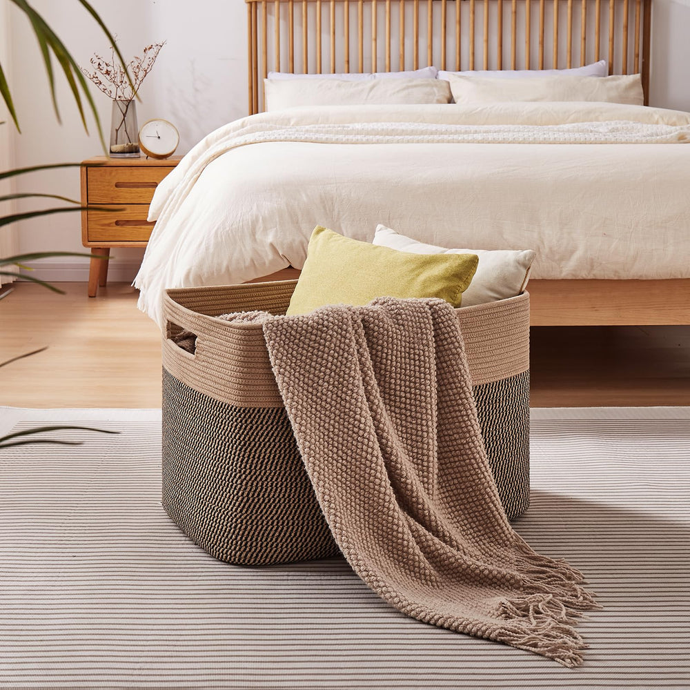 OIAHOMY blanket basket shows 25x16x16 dimensions for spacious storage.