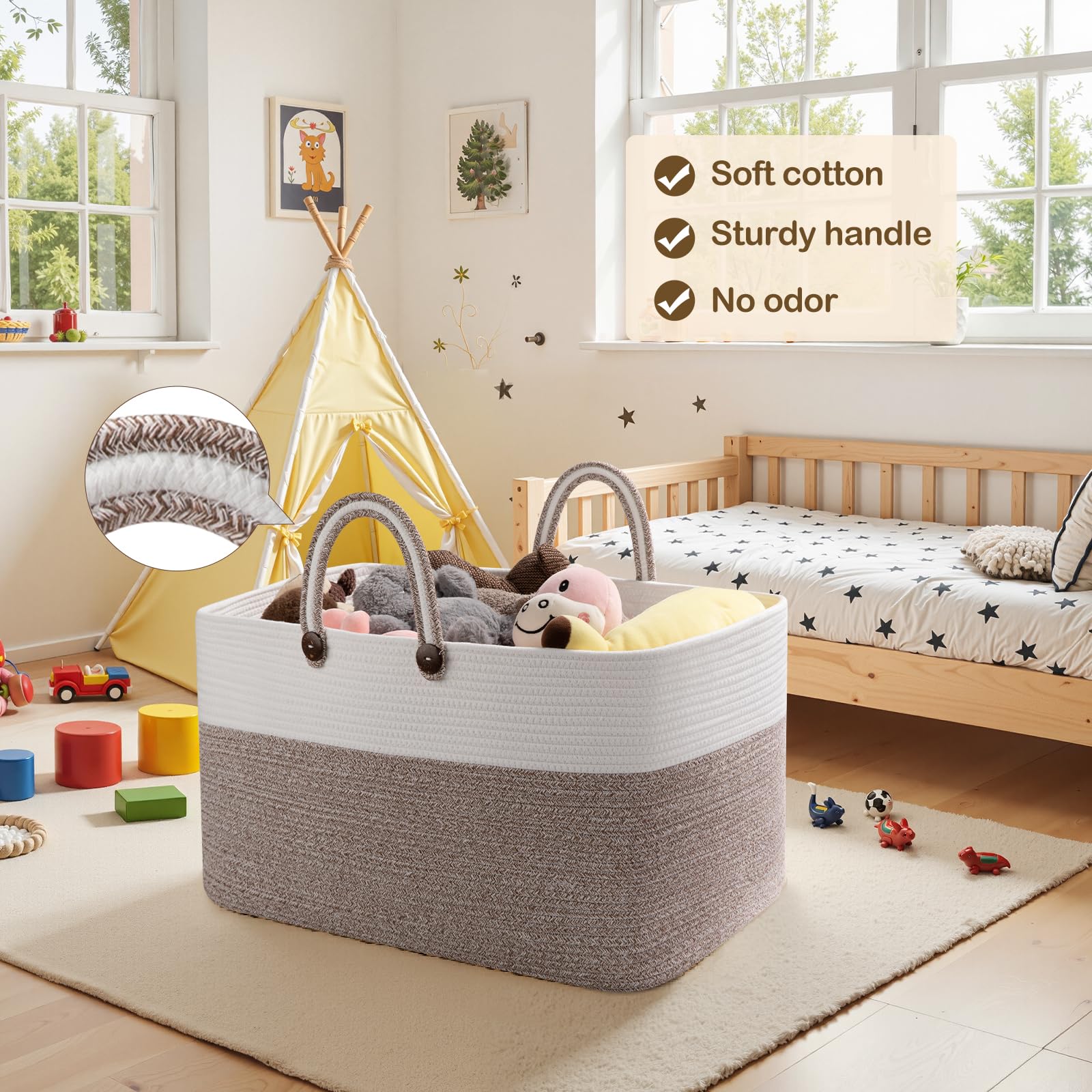 OIAHOMY blanket basket close-up highlights soft cotton rope and durable construction