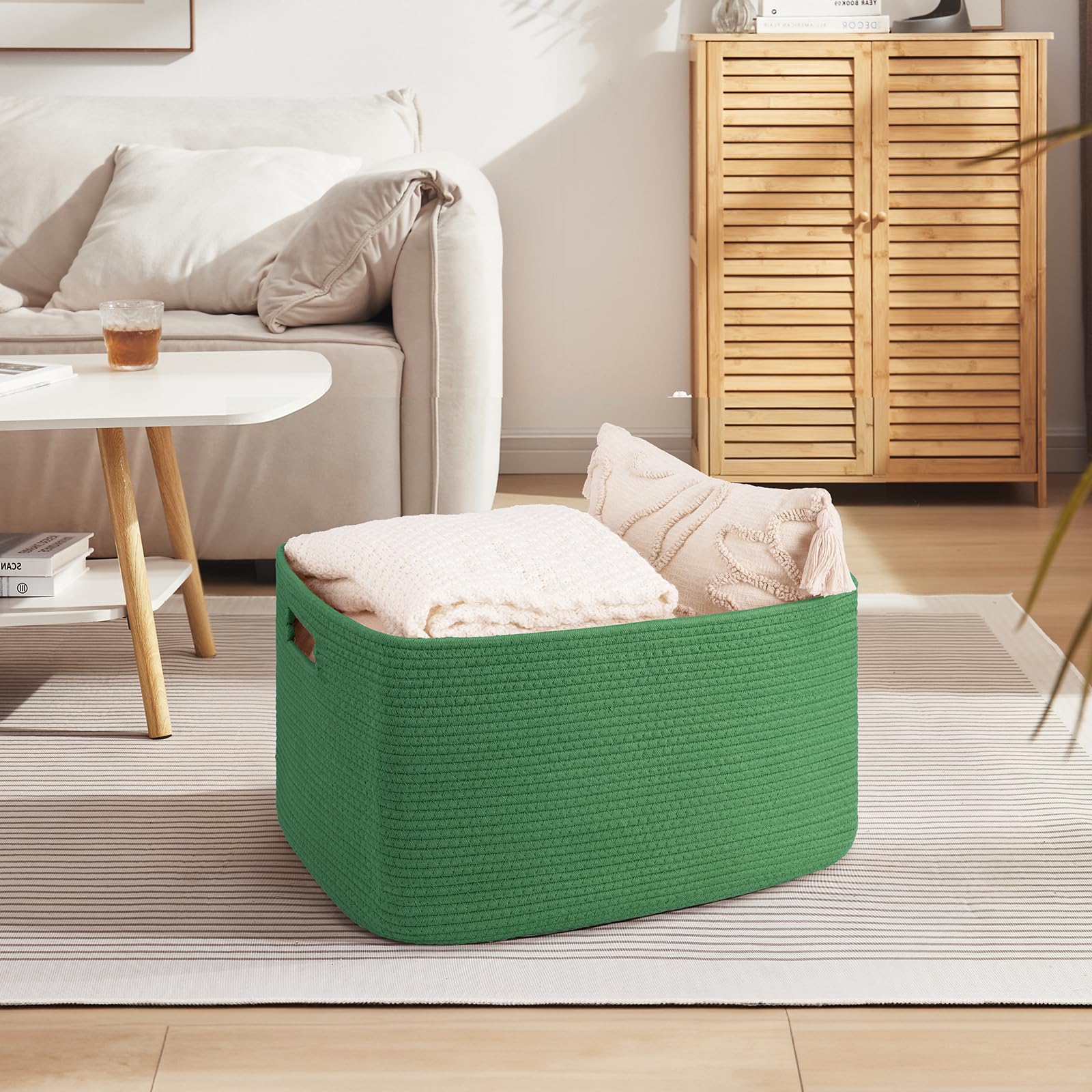 OIAHOMY blanket basket in corner storage setup helps keep living spaces tidy