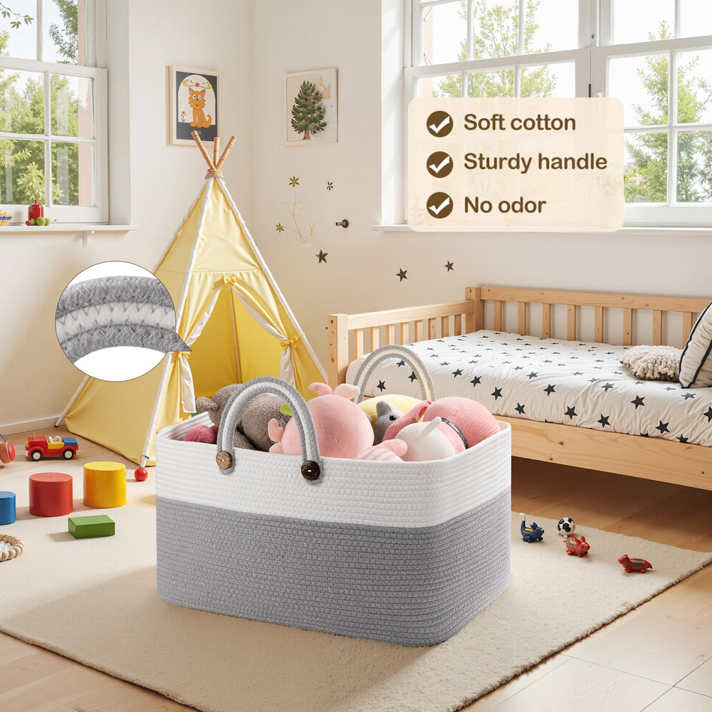 OIAHOMY blanket basket close-up highlights sturdy rope texture and kid-friendly safety.