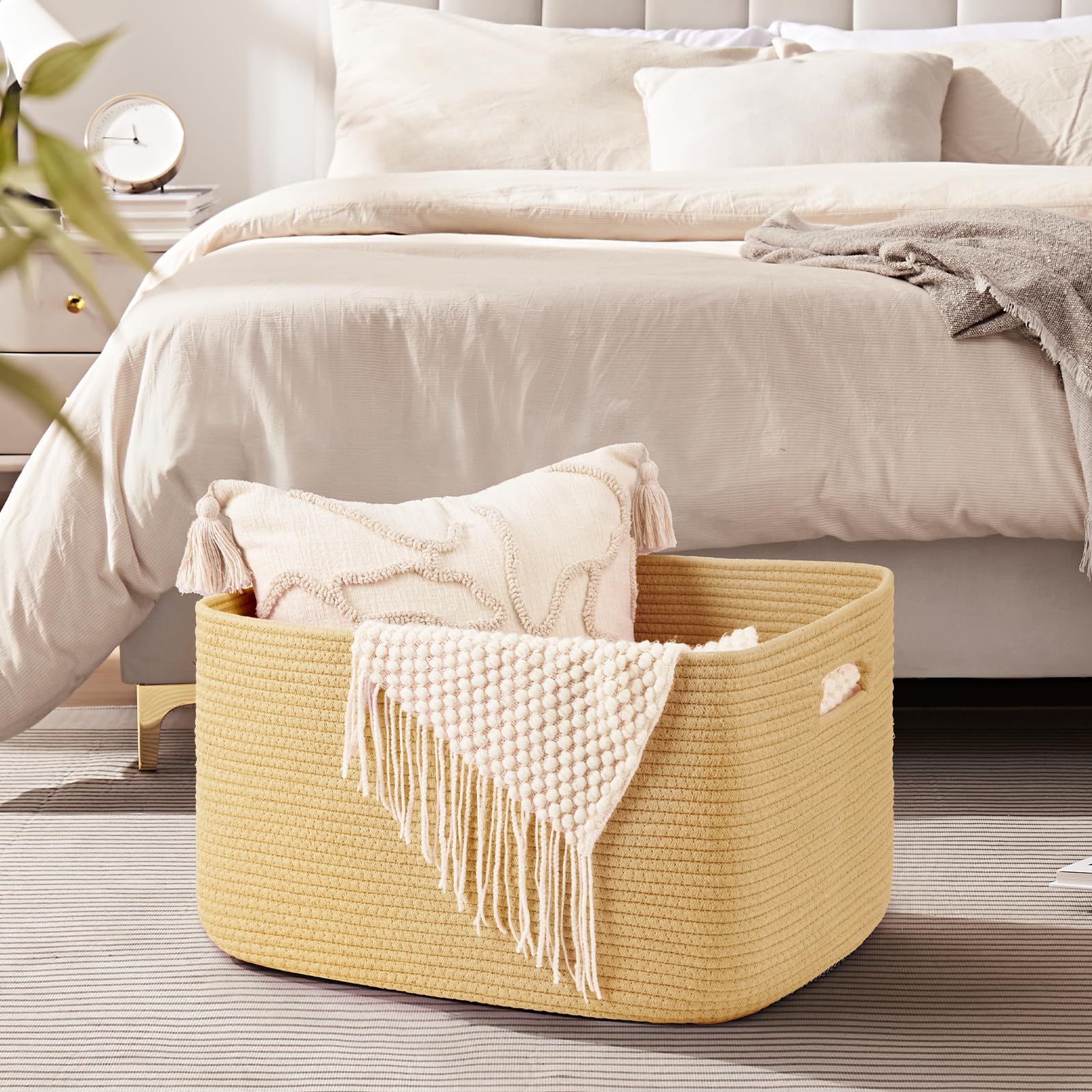 OIAHOMY cotton rope material emphasizes safe, chemical-free storage for blankets and toys
