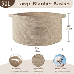 OIAHOMY blanket basket detail shows sturdy cotton rope weave for durable organization.