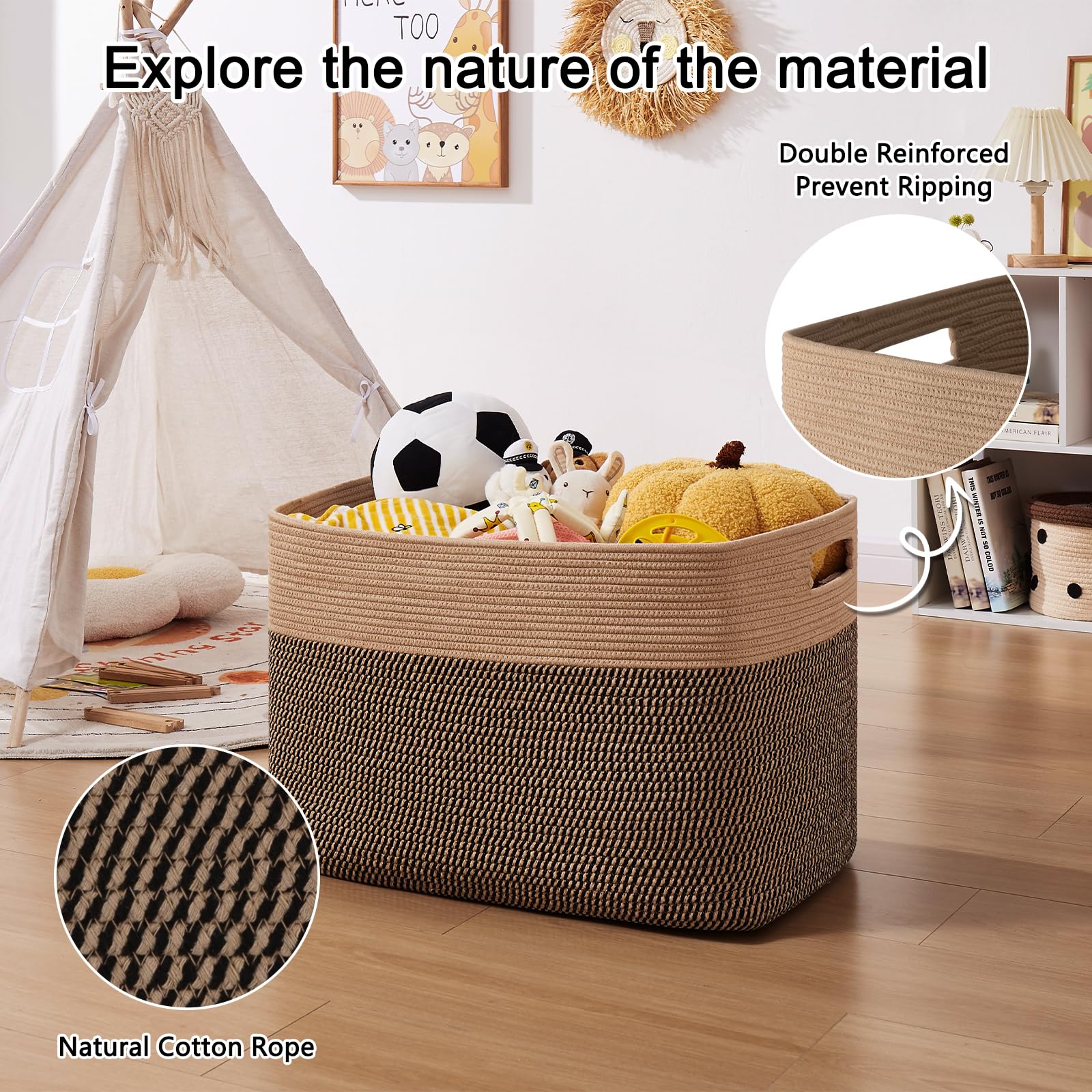 OIAHOMY blanket basket doubles as dog toy storage near the sofa.