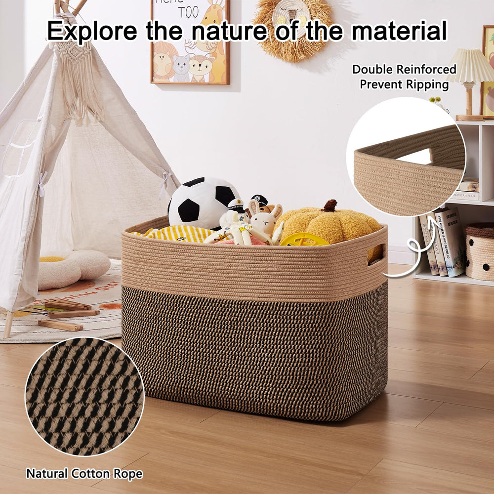 OIAHOMY blanket basket doubles as dog toy storage near the sofa.