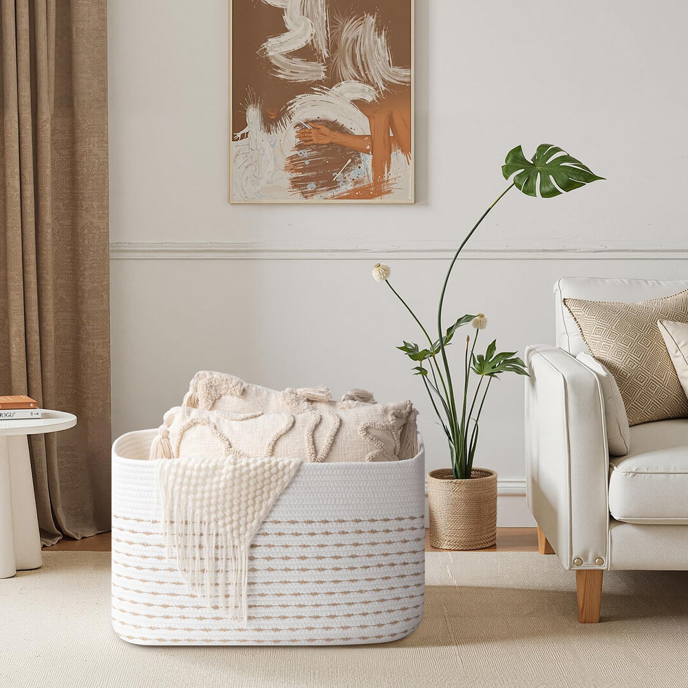 OIAHOMY blanket basket features double reinforced handles for durability