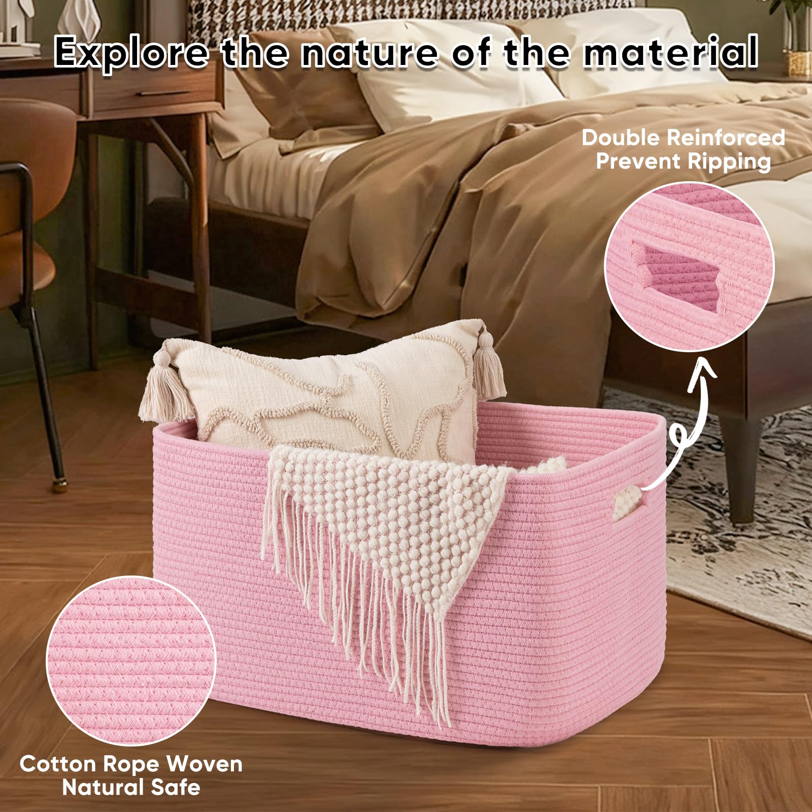 OIAHOMY blanket basket made from durable cotton rope with soft touch finish.