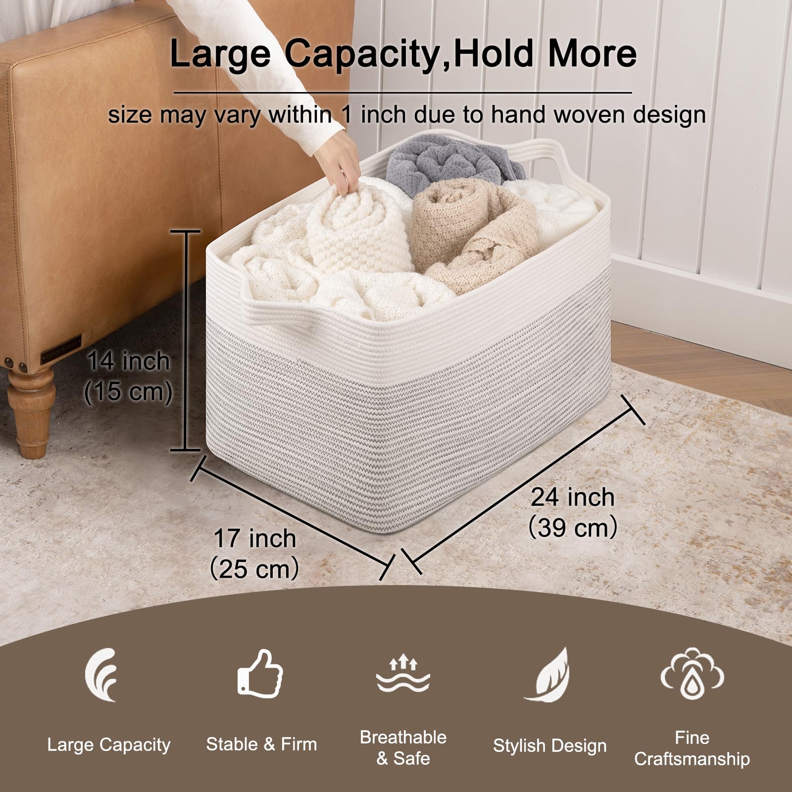 OIAHOMY blanket basket filled in a living room setup for organized storage.