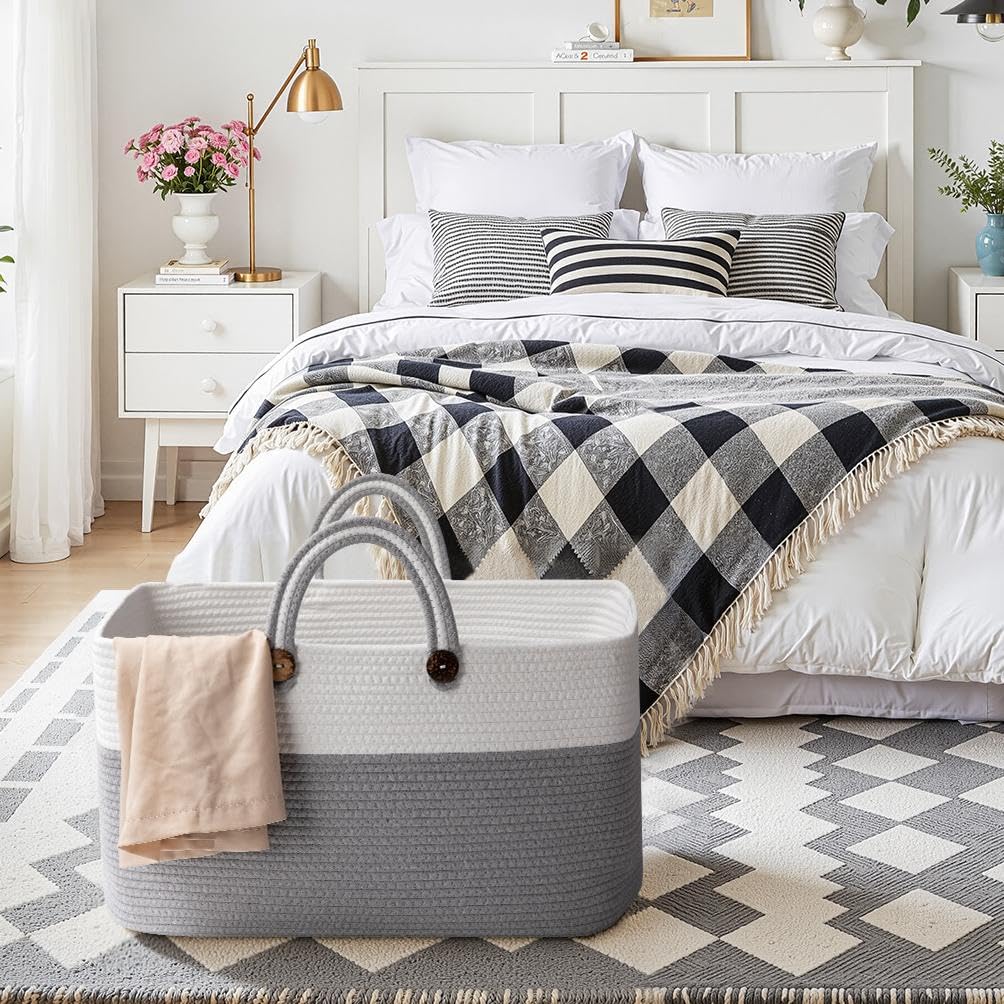 OIAHOMY blanket basket folded flat for compact off-season storage.