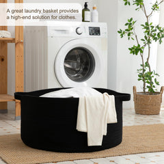 OIAHOMY blanket basket filled with blankets shows its 90L capacity.