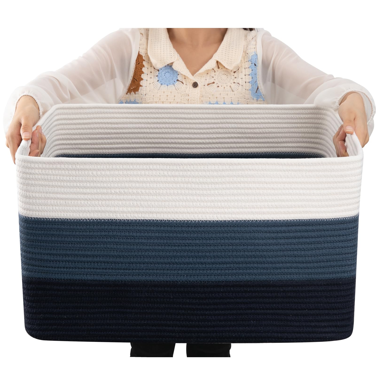OIAHOMY blanket basket gradient blue stores blankets neatly in a stylish living room.