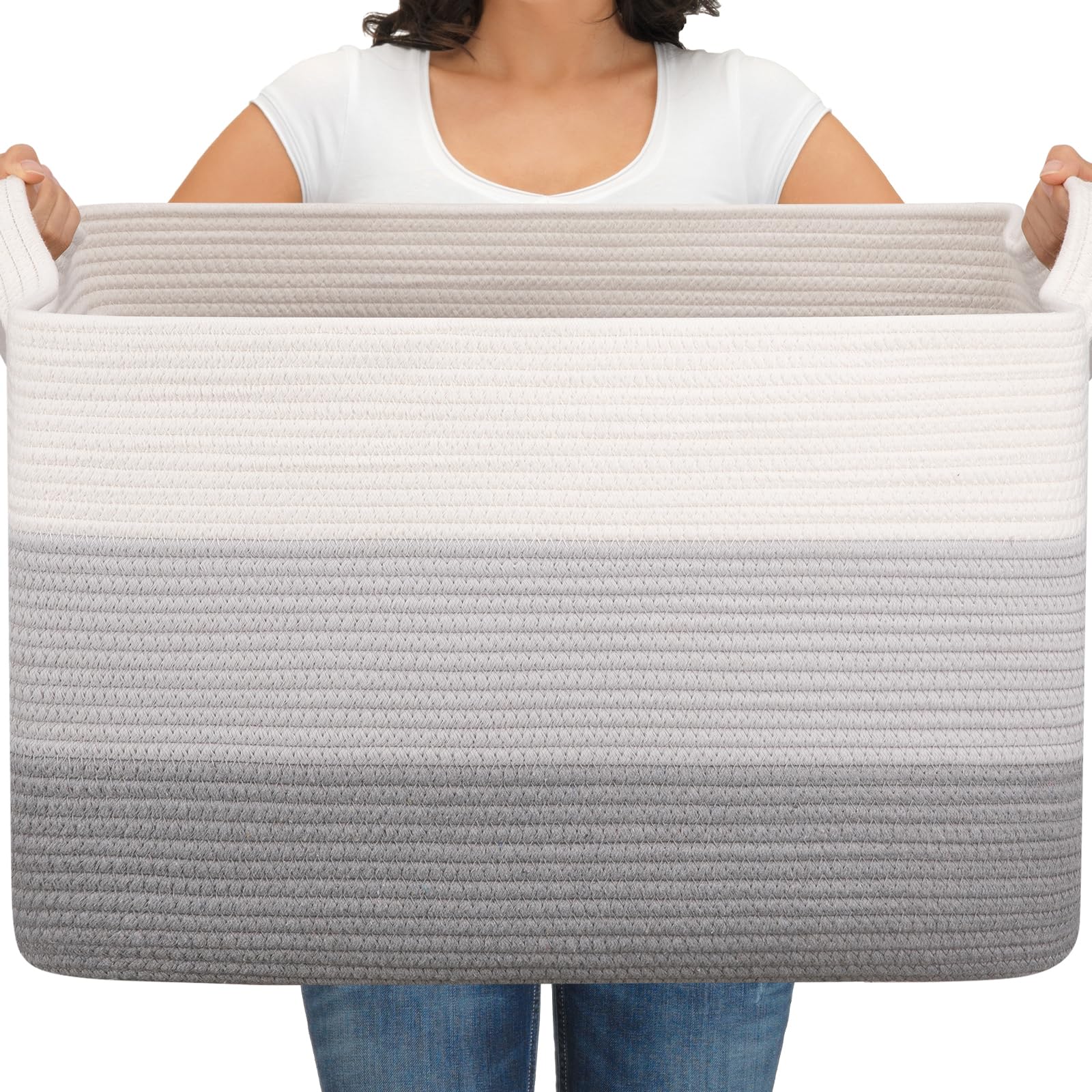 OIAHOMY blanket basket gradient grey front view with sturdy handles for easy transport