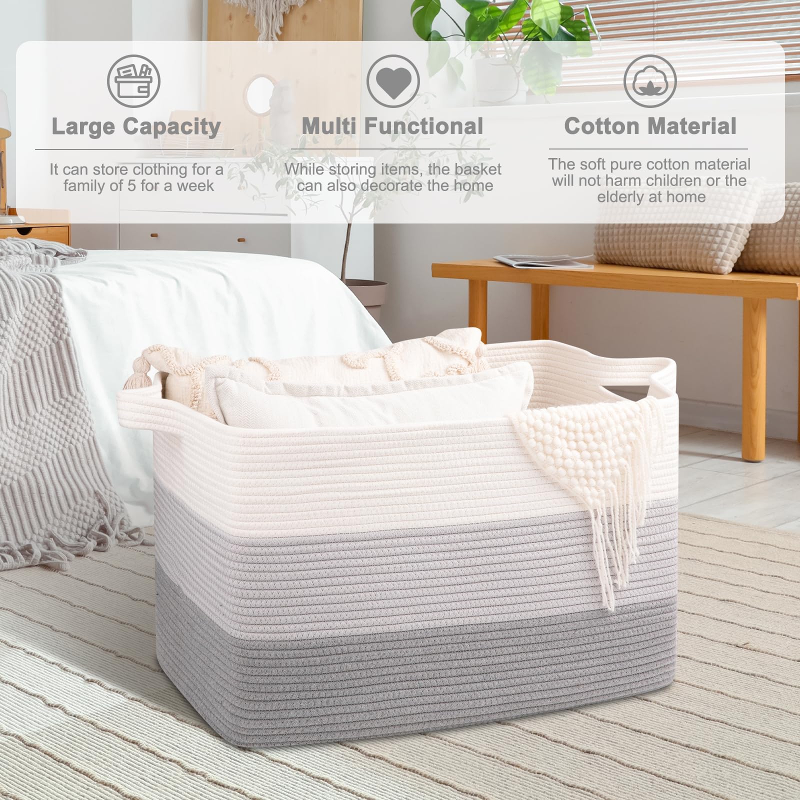 OIAHOMY gradient grey basket side view showing reinforced handles for lifting