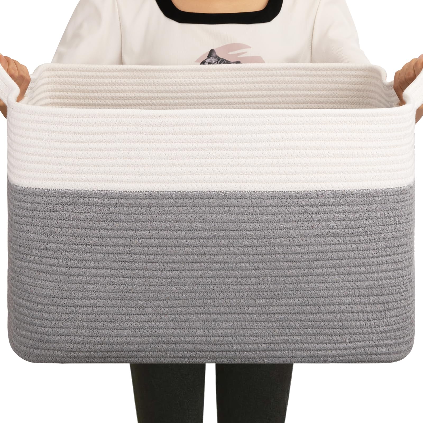 OIAHOMY blanket basket gray white shows sturdy cotton rope storage for blankets.