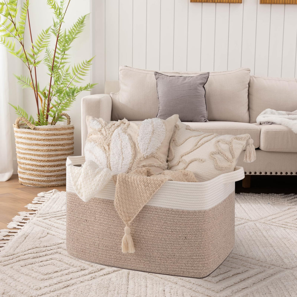 OIAHOMY blanket basket with handles close-up highlighting reinforced seams