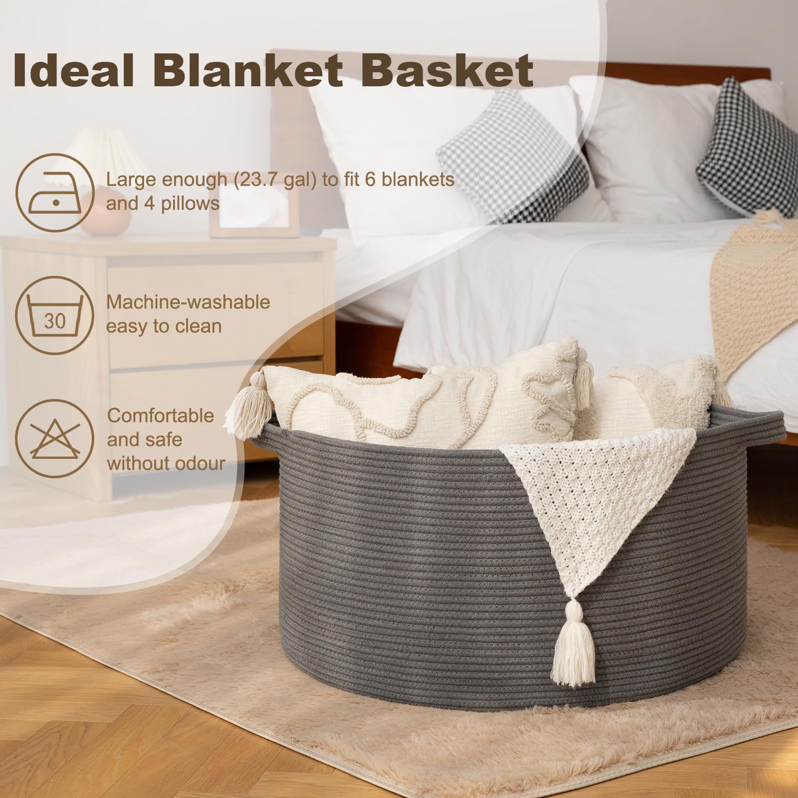 OIAHOMY blanket basket handle detail emphasizes easy moving around the home