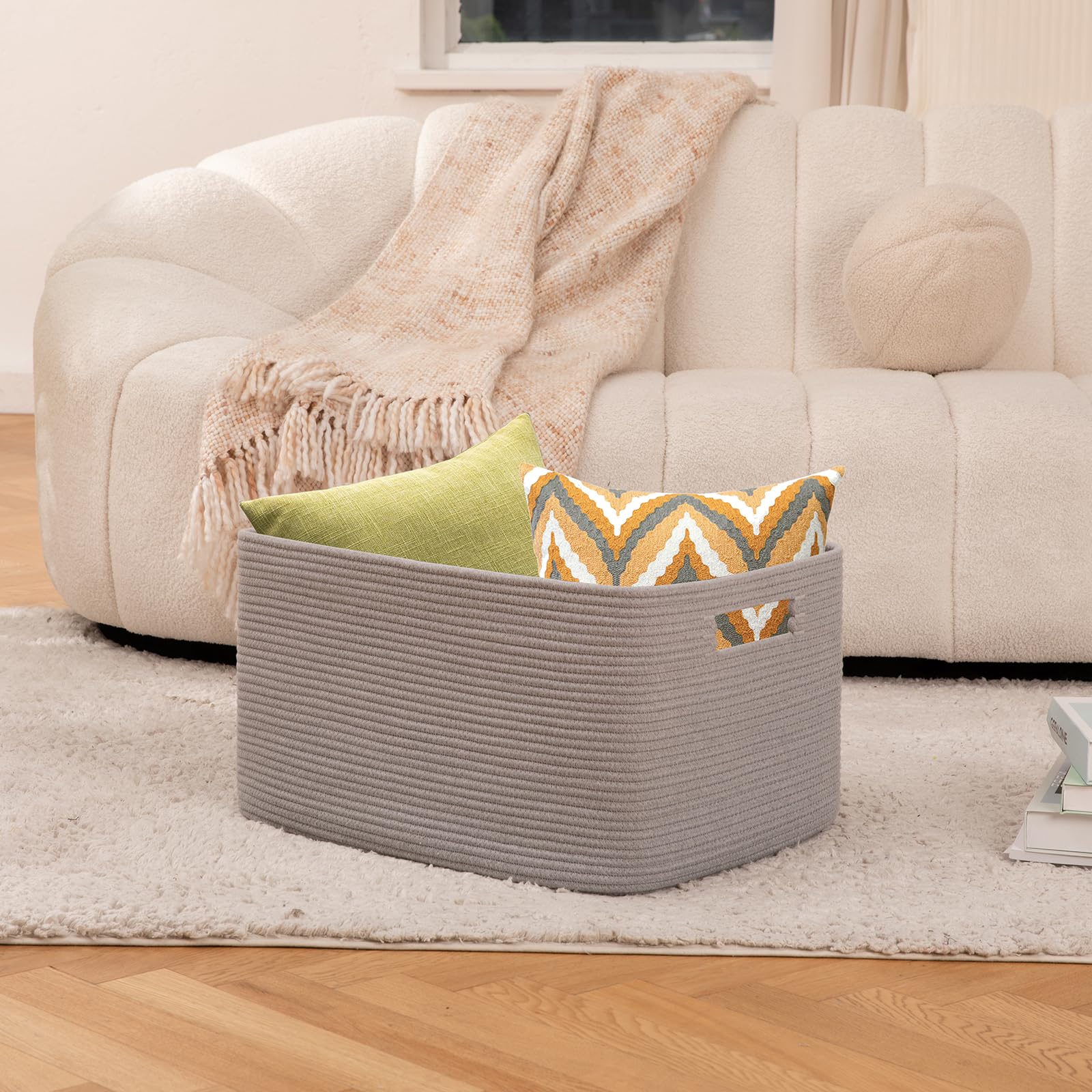 OIAHOMY blanket basket with handle detail highlights double-reinforced construction