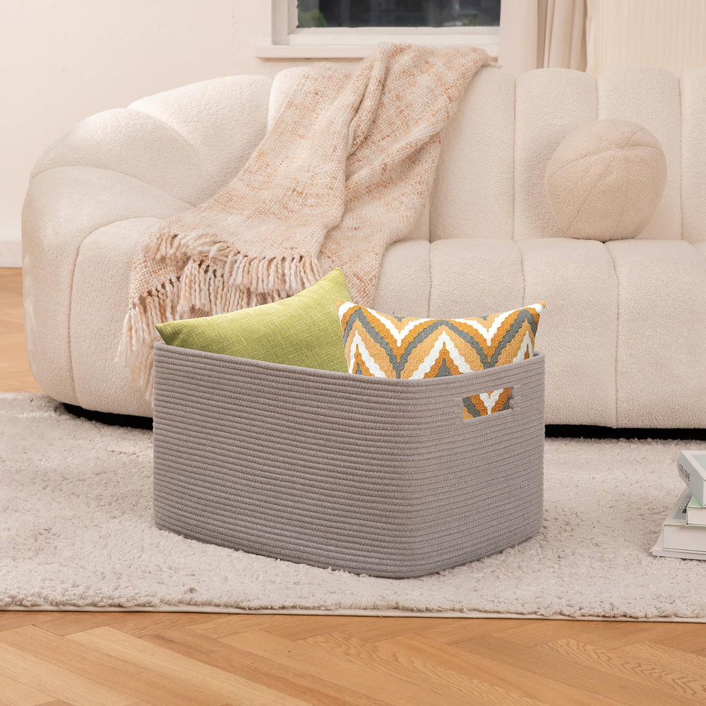 OIAHOMY blanket basket with handle detail highlights double-reinforced construction