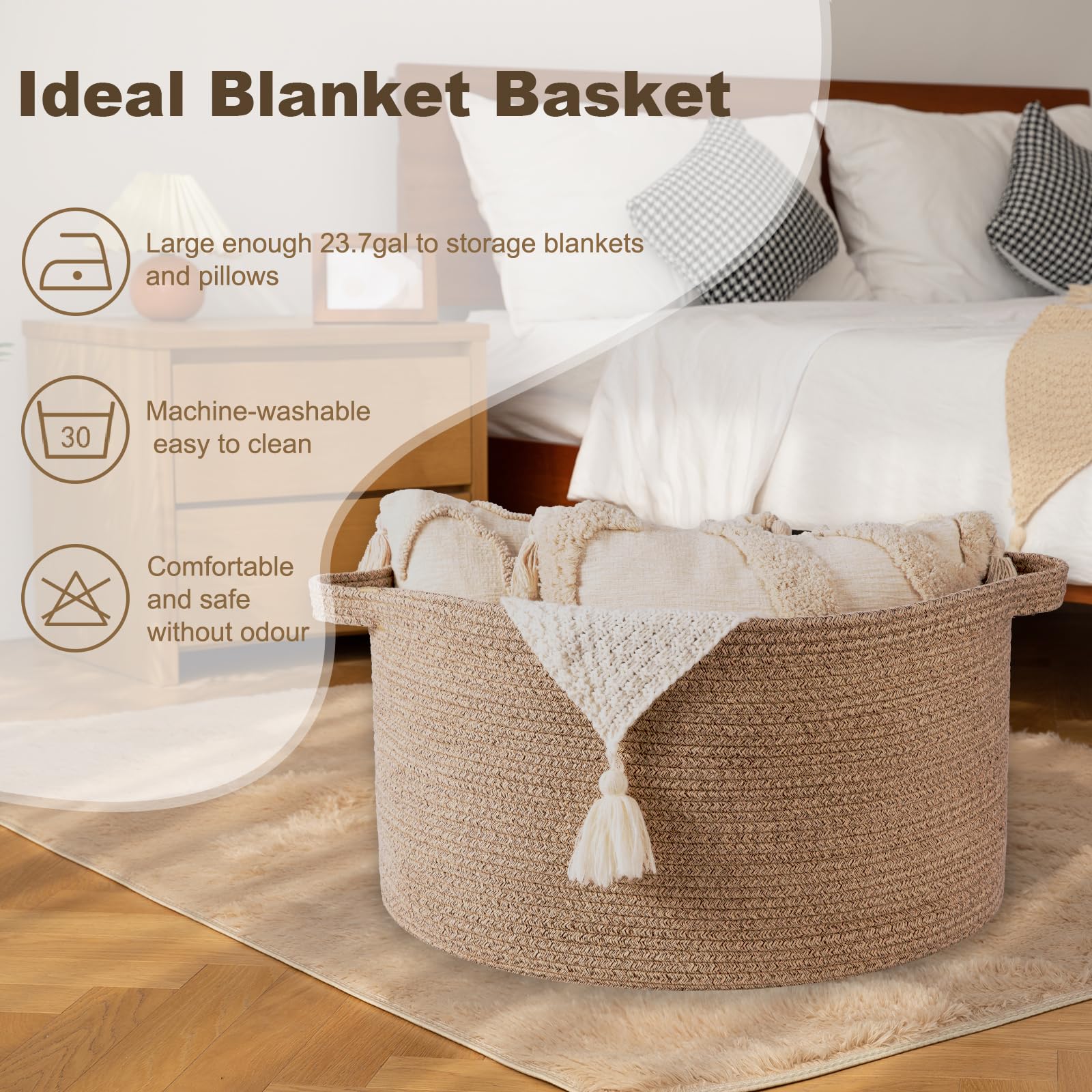 OIAHOMY blanket basket handles highlight portable laundry storage across rooms.