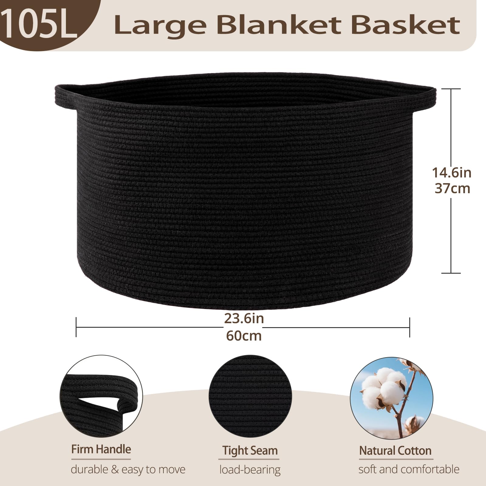 OIAHOMY blanket basket handles durable stitched for easy carrying and laundry day convenience.