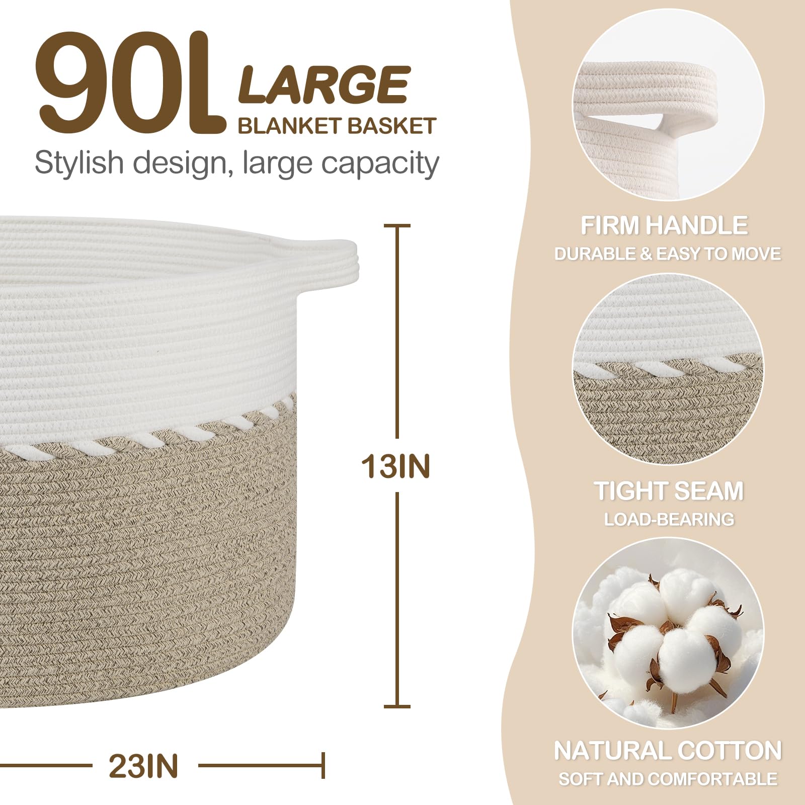 OIAHOMY blanket storage basket showing light brown and white rope texture for decor-friendly storage
