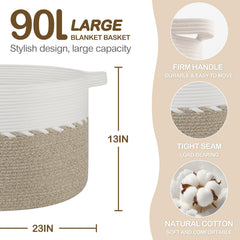OIAHOMY blanket storage basket showing light brown and white rope texture for decor-friendly storage