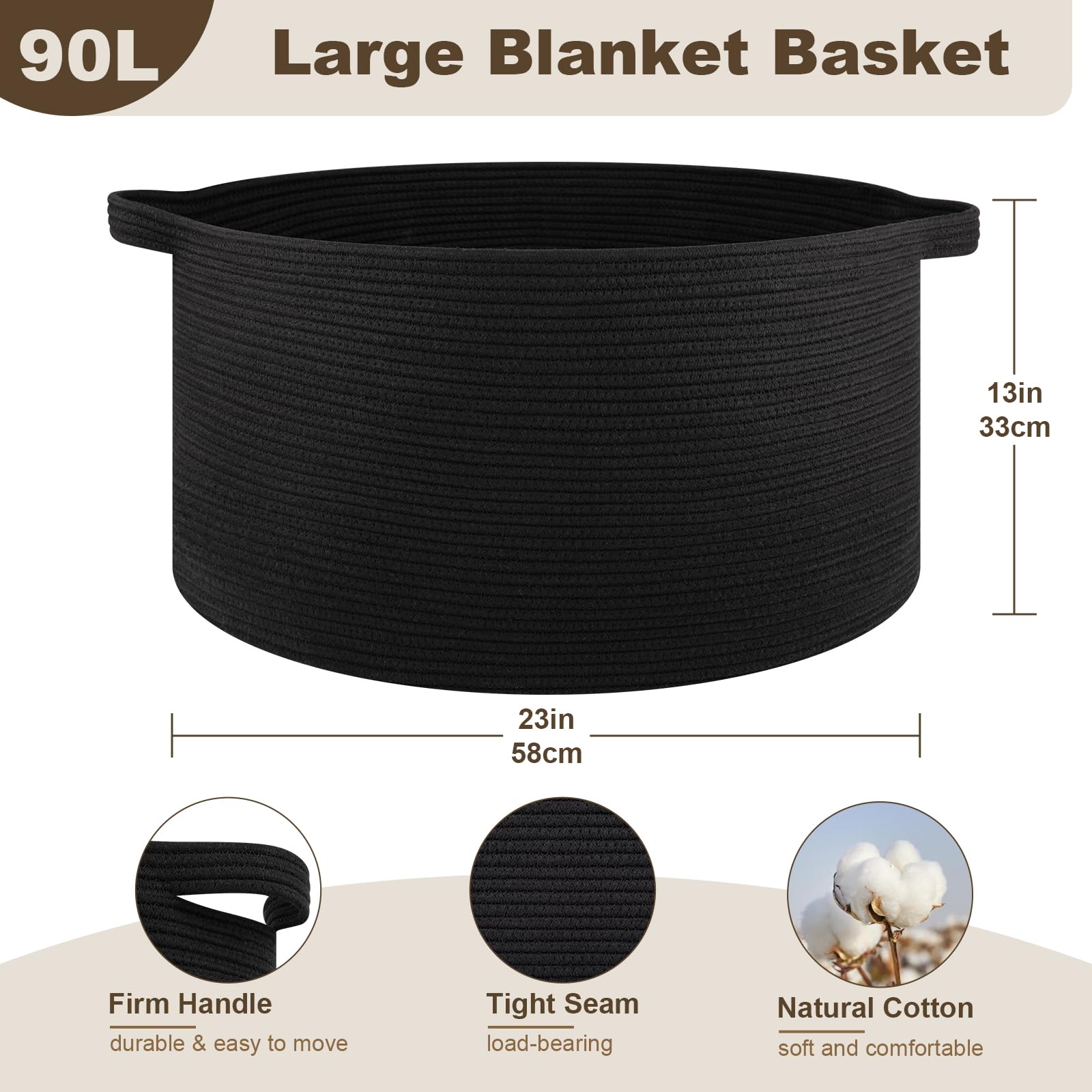 OIAHOMY blanket basket with sturdy handles for easy laundry or toy transport.