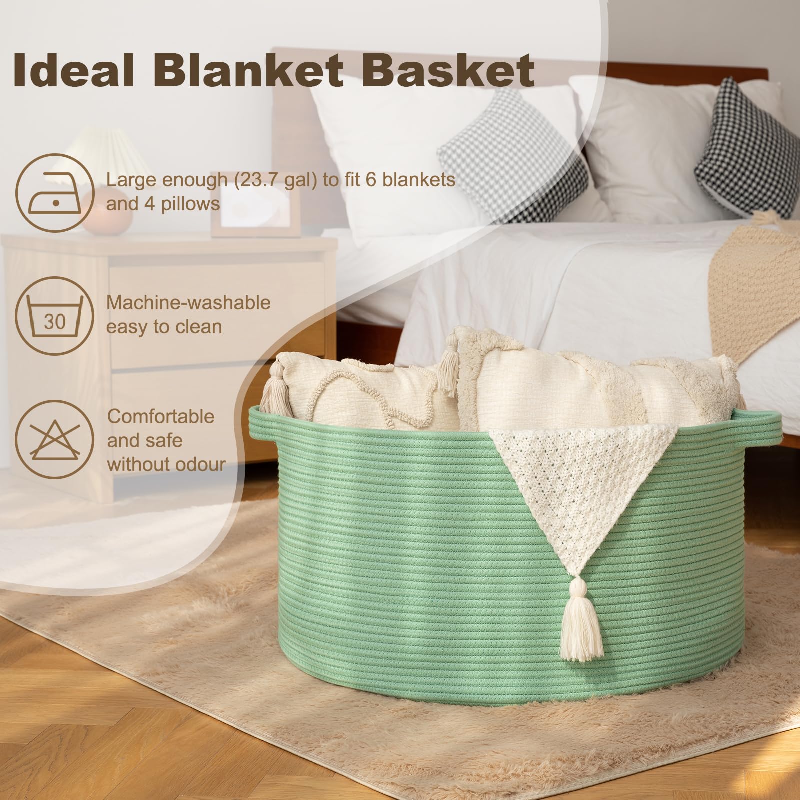 OIAHOMY blanket basket with handles demonstrates easy transport during laundry days.