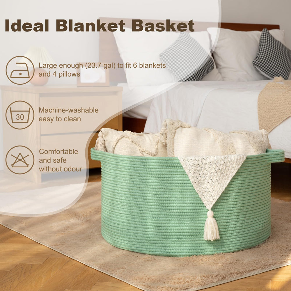 OIAHOMY blanket basket with handles demonstrates easy transport during laundry days.