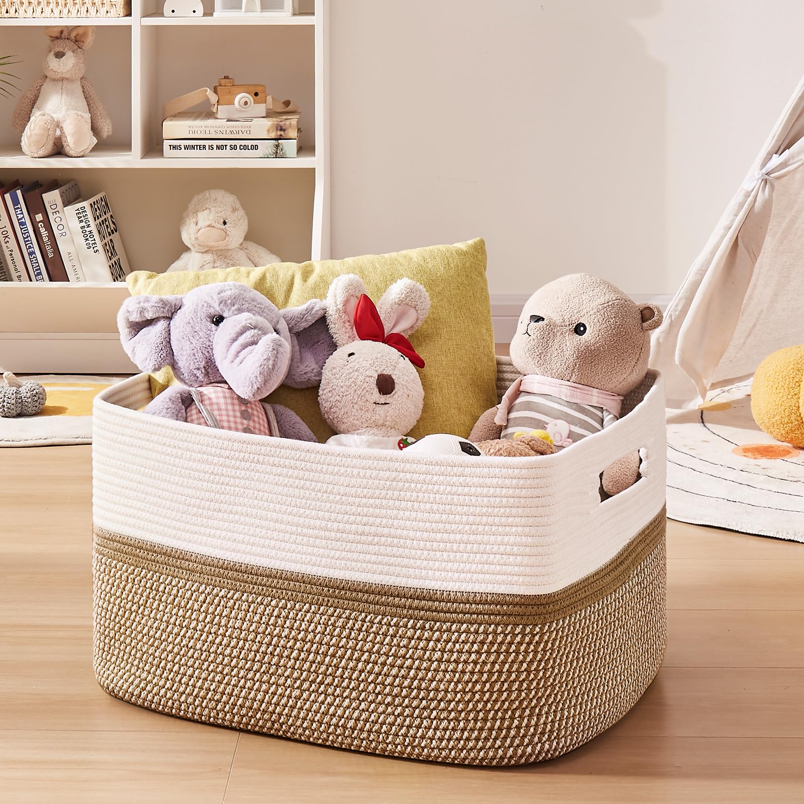 OIAHOMY blanket basket in living room highlighting decorative appeal