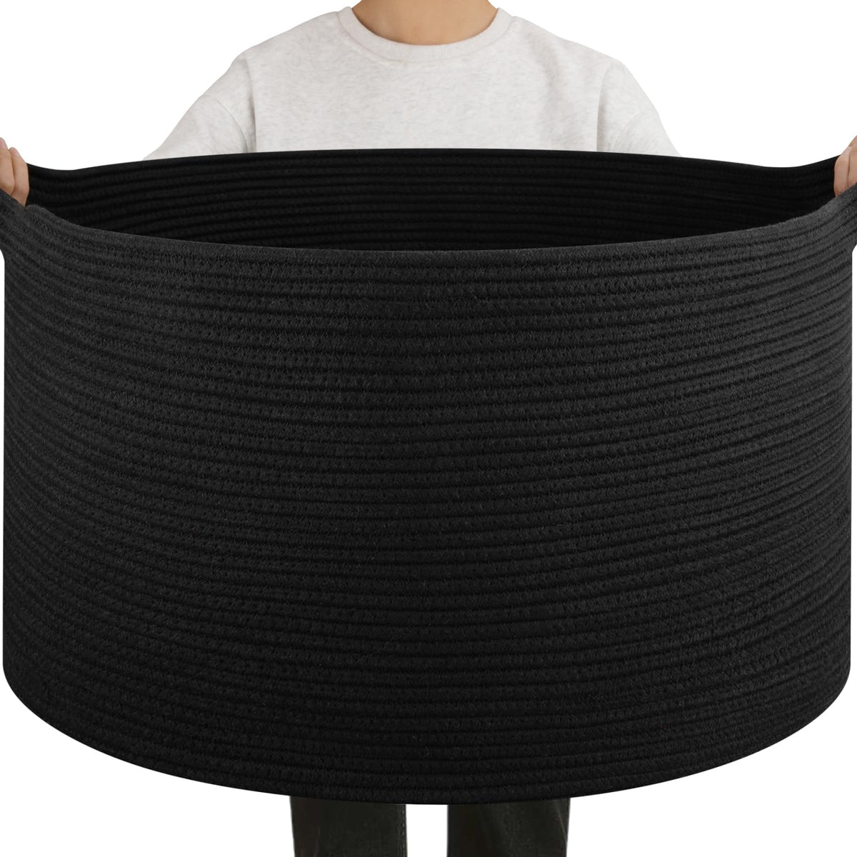 OIAHOMY blanket basket in black for organized living-room storage.