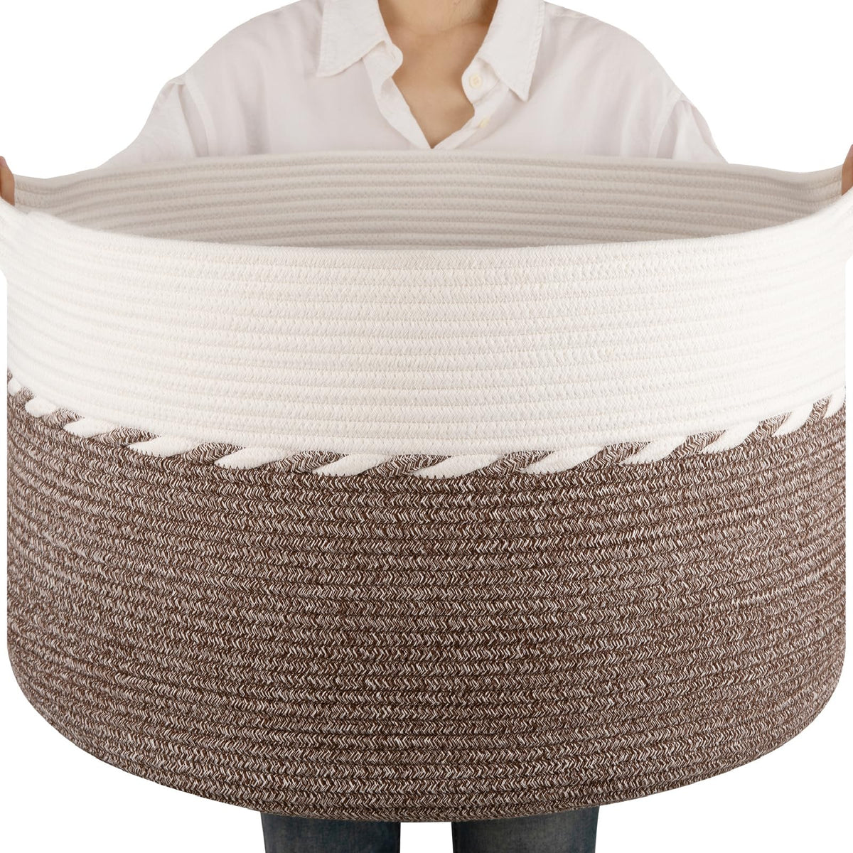 OIAHOMY blanket basket in living room setup, stylish storage for blankets and throws